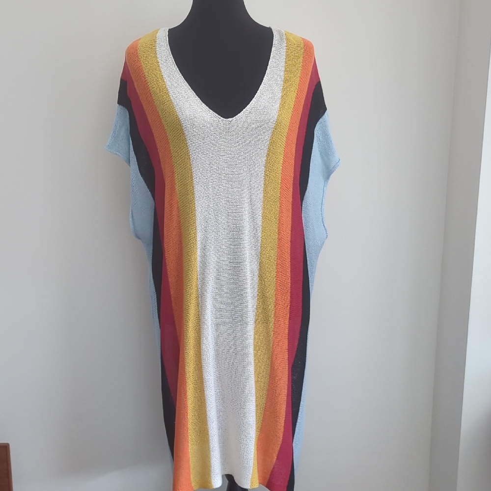 SHEIN Rainbow Stripe Knit V-neck Dress Colorful Colorblock Slub Vertical LARGE